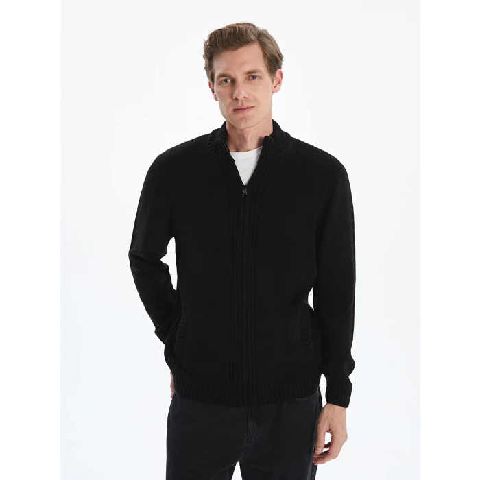 LCWAIKIKI Classic Siyah Büyük Beden Standart Kalıp Dik Yaka Erkek Triko Hırka