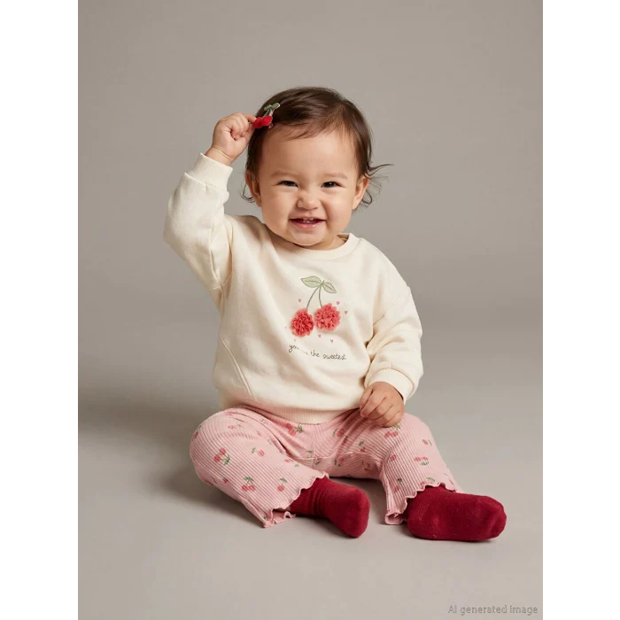 LCW baby Ekru Kiraz Detaylı Yumuşak Dokulu Kız Bebek Sweatshirt ve Eşofman Altı