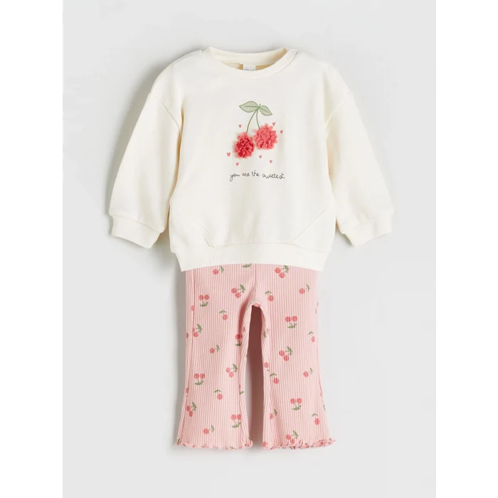 LCW baby Ekru Kiraz Detaylı Yumuşak Dokulu Kız Bebek Sweatshirt ve Eşofman Altı
