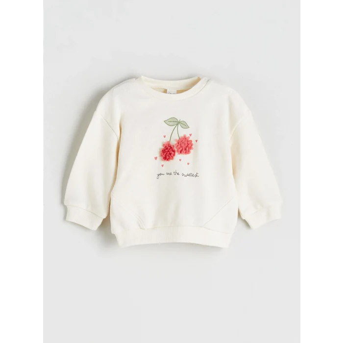 LCW baby Ekru Kiraz Detaylı Yumuşak Dokulu Kız Bebek Sweatshirt ve Eşofman Altı