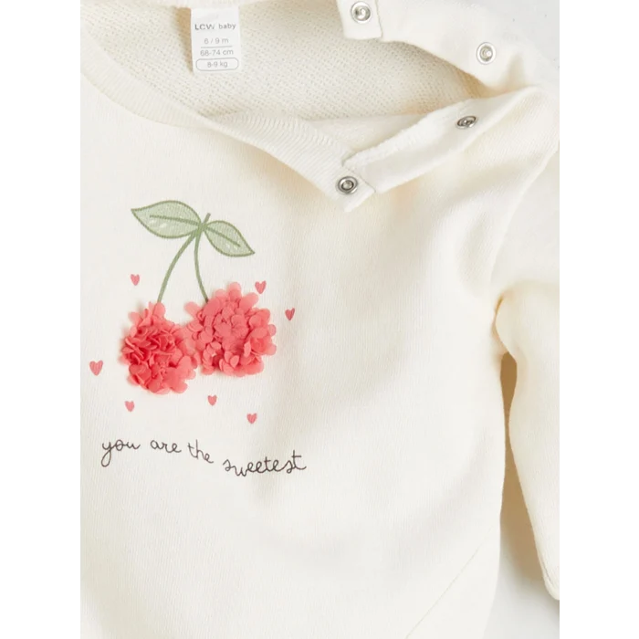 LCW baby Ekru Kiraz Detaylı Yumuşak Dokulu Kız Bebek Sweatshirt ve Eşofman Altı