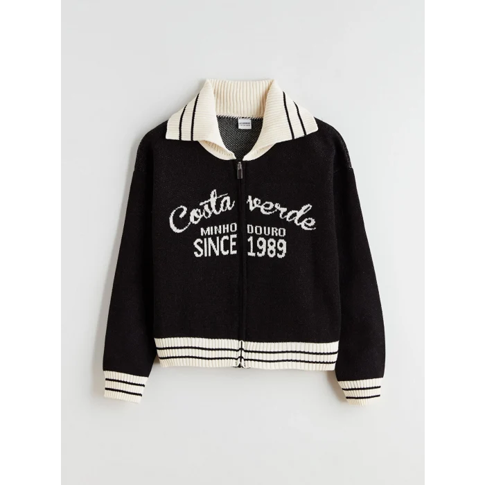 LCW Kids Siyah Polo Yaka Kız Çocuk Triko Hırka