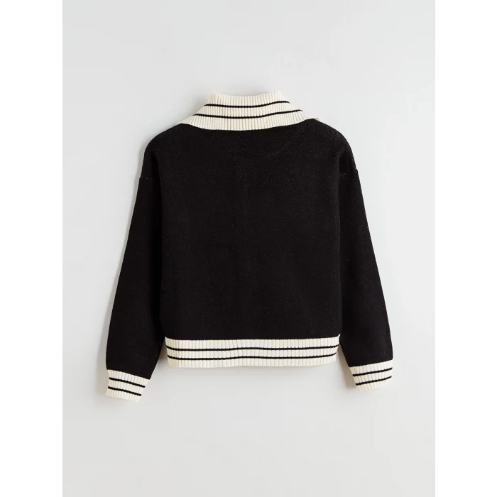 LCW Kids Siyah Polo Yaka Kız Çocuk Triko Hırka