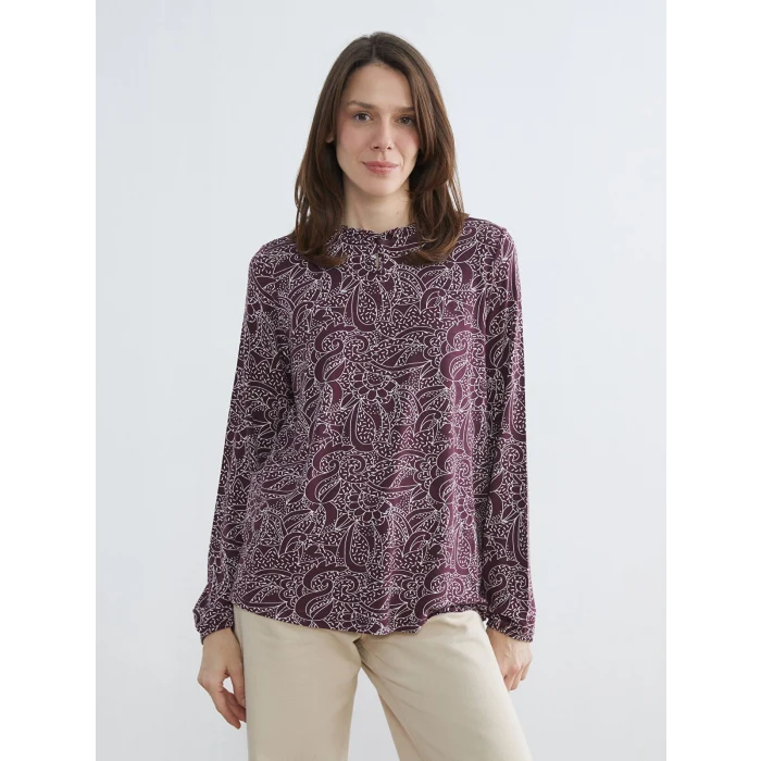LCW Grace Mürdüm Fırfırlı Dik Yaka Desenli Bluz