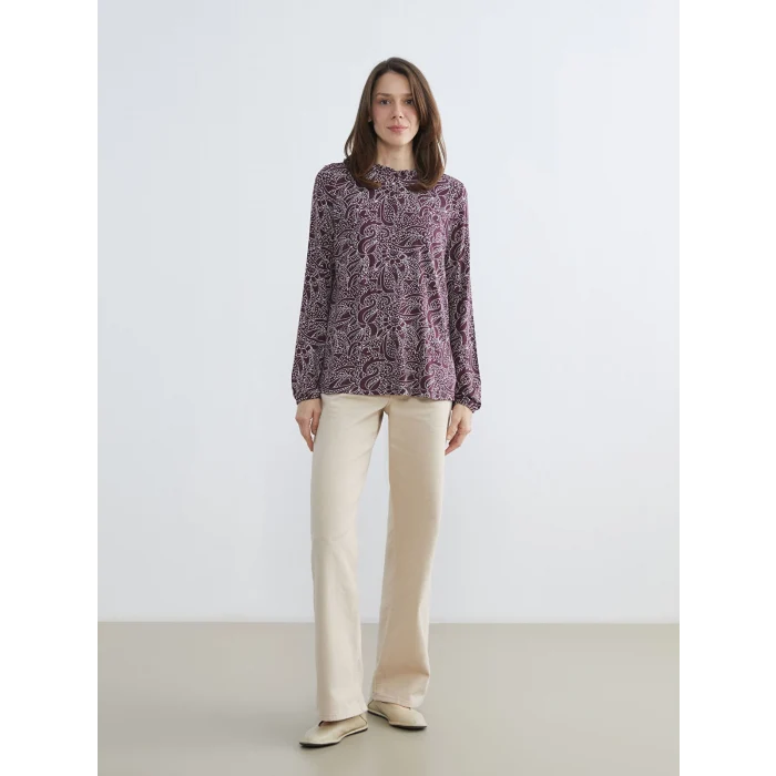 LCW Grace Mürdüm Fırfırlı Dik Yaka Desenli Bluz