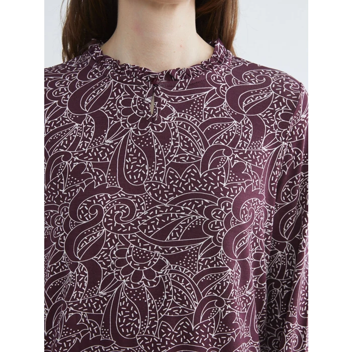 LCW Grace Mürdüm Fırfırlı Dik Yaka Desenli Bluz