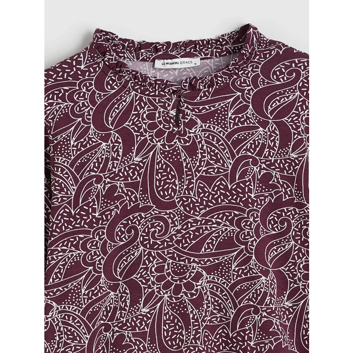 LCW Grace Mürdüm Fırfırlı Dik Yaka Desenli Bluz