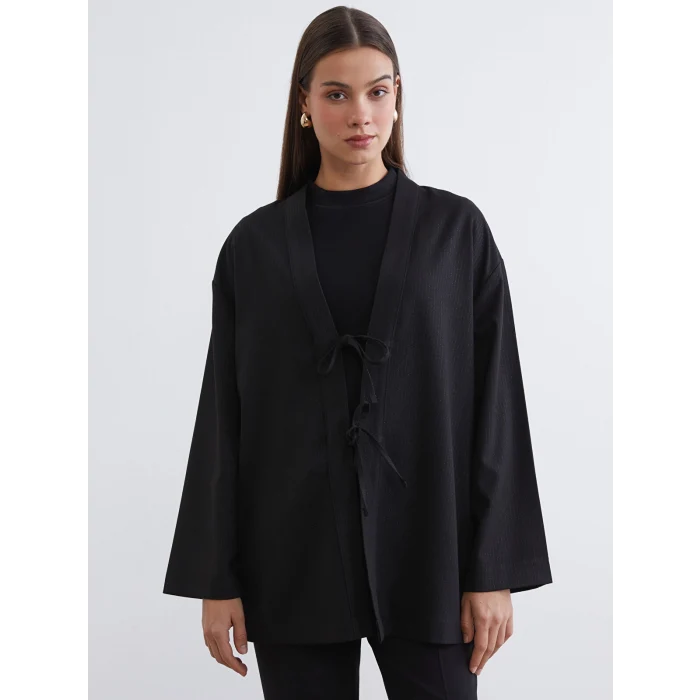 LCW Modest Siyah Şal Yaka Çizgili Oversize Kadın Kimono
