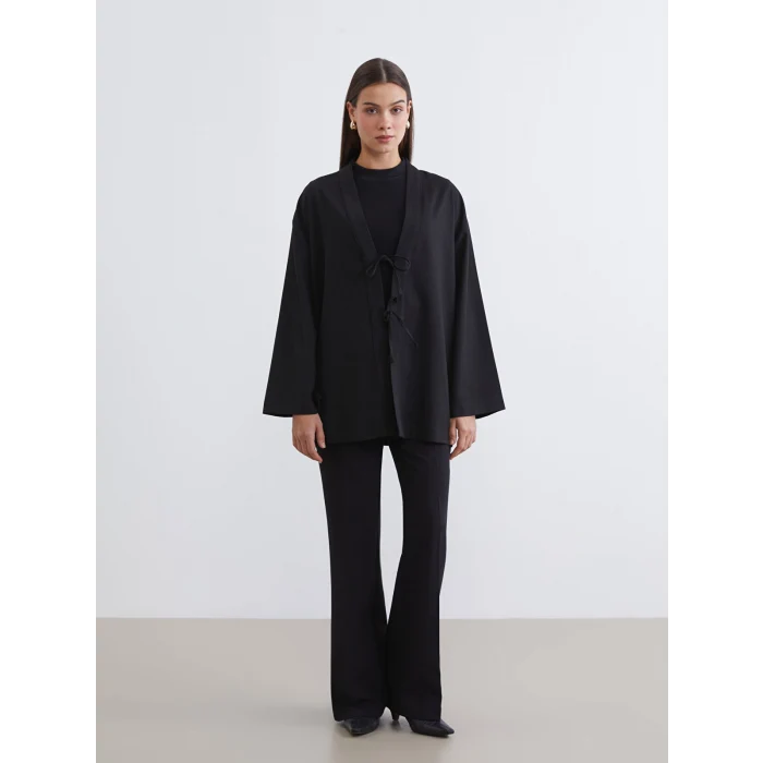 LCW Modest Siyah Şal Yaka Çizgili Oversize Kadın Kimono