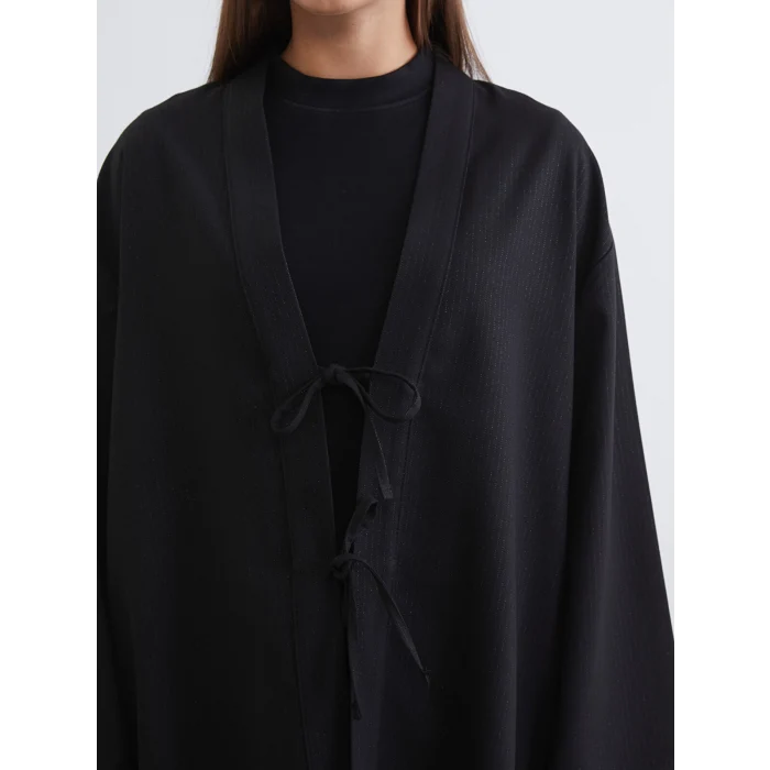 LCW Modest Siyah Şal Yaka Çizgili Oversize Kadın Kimono
