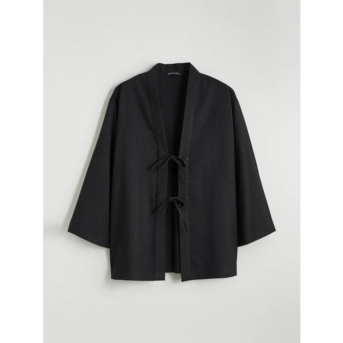 LCW Modest Siyah Şal Yaka Çizgili Oversize Kadın Kimono