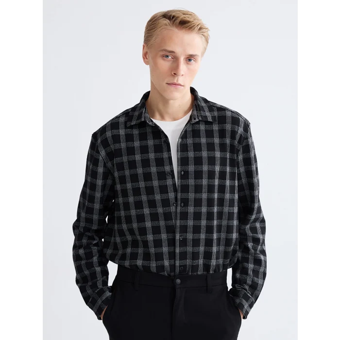 LCW Vision Siyah Regular Fit Uzun Kollu Ekose Armürlü Erkek Gömlek