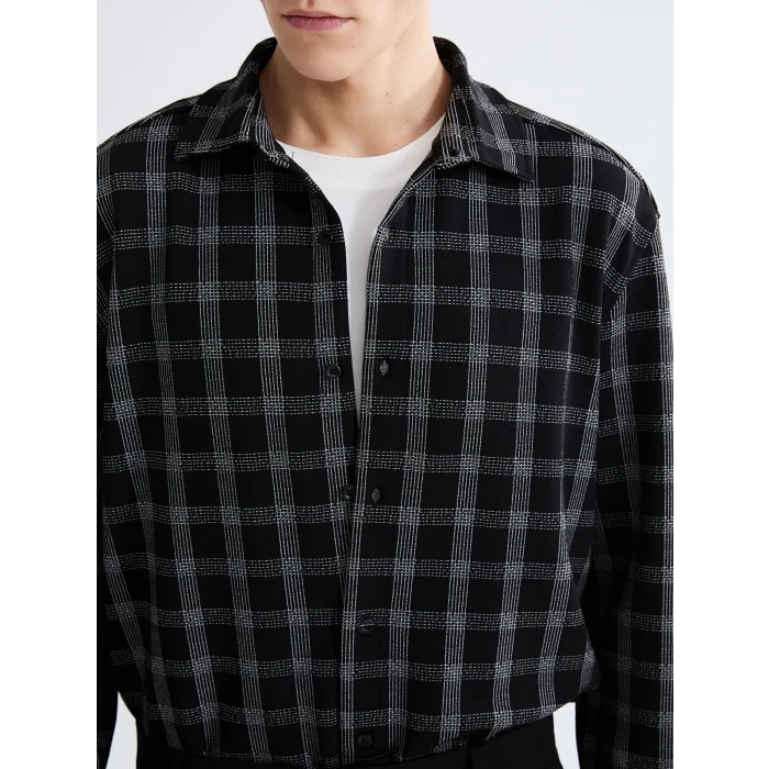 LCW Vision Siyah Regular Fit Uzun Kollu Ekose Armürlü Erkek Gömlek