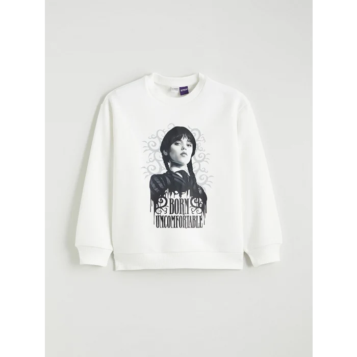 LCW Kids Ekru Wednesday Baskılı Kız Çocuk Kalın Sweatshirt