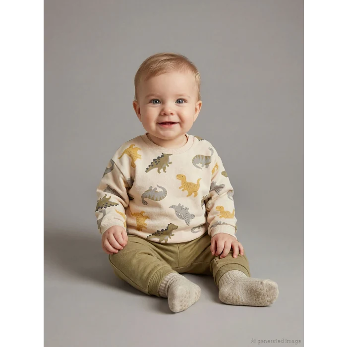 LCW baby Ekru Dinozor Baskılı Erkek Bebek Sweatshirt ve Eşofman Alt