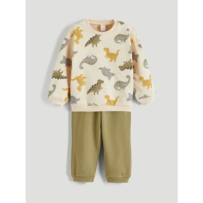 LCW baby Ekru Dinozor Baskılı Erkek Bebek Sweatshirt ve Eşofman Alt