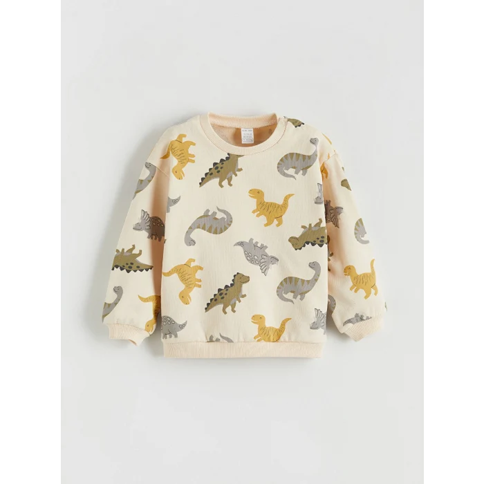 LCW baby Ekru Dinozor Baskılı Erkek Bebek Sweatshirt ve Eşofman Alt