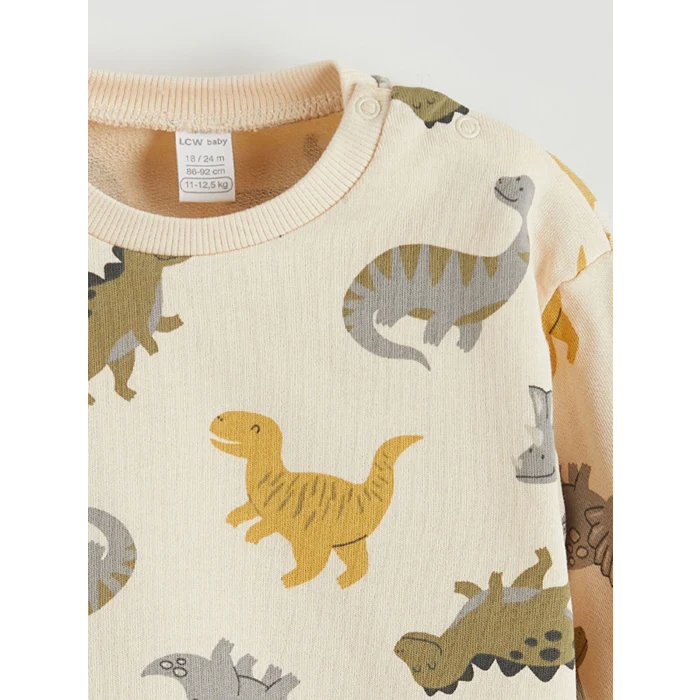 LCW baby Ekru Dinozor Baskılı Erkek Bebek Sweatshirt ve Eşofman Alt
