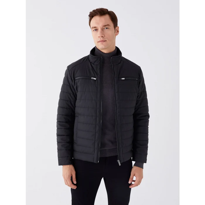 LCWAIKIKI Classic Siyah Standart Kalıp Dik Yaka Erkek Deri Görünümlü Mont