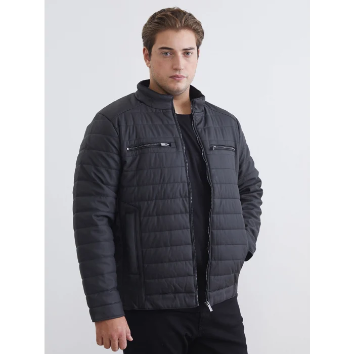 LCWAIKIKI Classic Siyah Standart Kalıp Dik Yaka Erkek Deri Görünümlü Mont