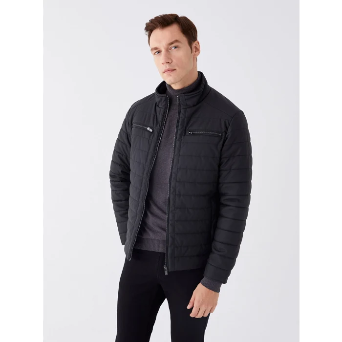 LCWAIKIKI Classic Siyah Standart Kalıp Dik Yaka Erkek Deri Görünümlü Mont