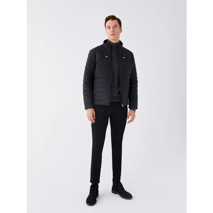 LCWAIKIKI Classic Siyah Standart Kalıp Dik Yaka Erkek Deri Görünümlü Mont