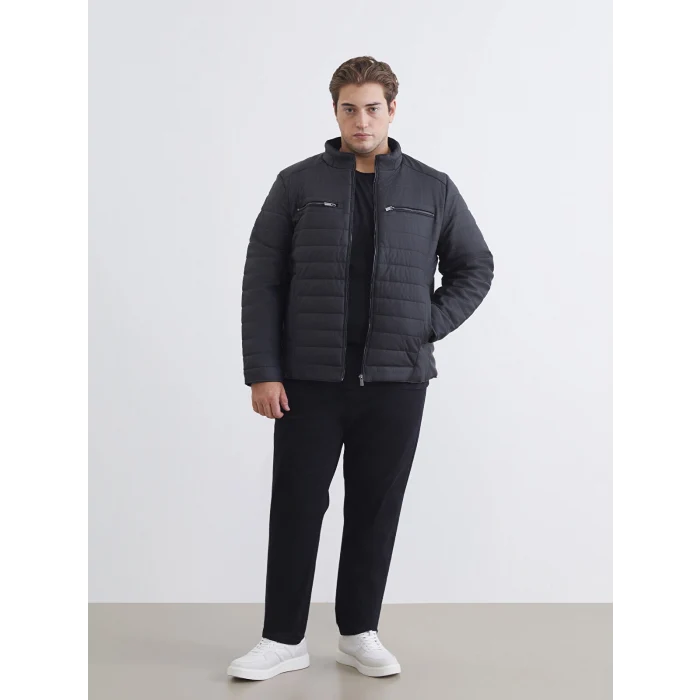 LCWAIKIKI Classic Siyah Standart Kalıp Dik Yaka Erkek Deri Görünümlü Mont