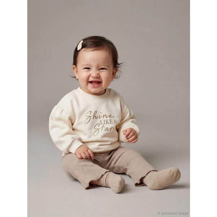 LCW baby Bej Baskılız Kız Bebek Sweatshirt ve Pantolon Takım