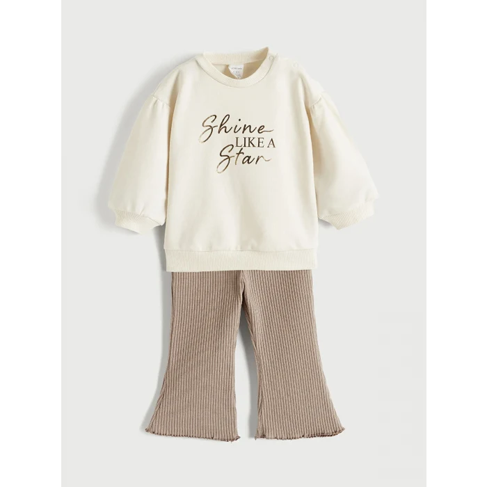LCW baby Bej Baskılız Kız Bebek Sweatshirt ve Pantolon Takım