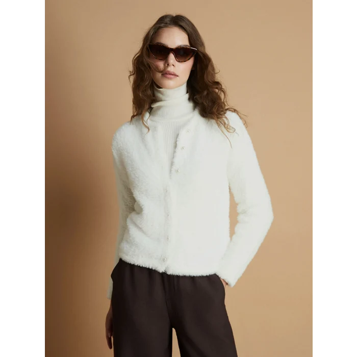 LCW Modest Ekru Bisiklet Yaka Kadın Triko Hırka