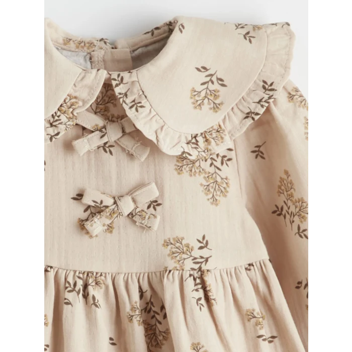 LCW baby Bej Bebe Yaka Çiçekli Kız Bebek Müslin Elbise