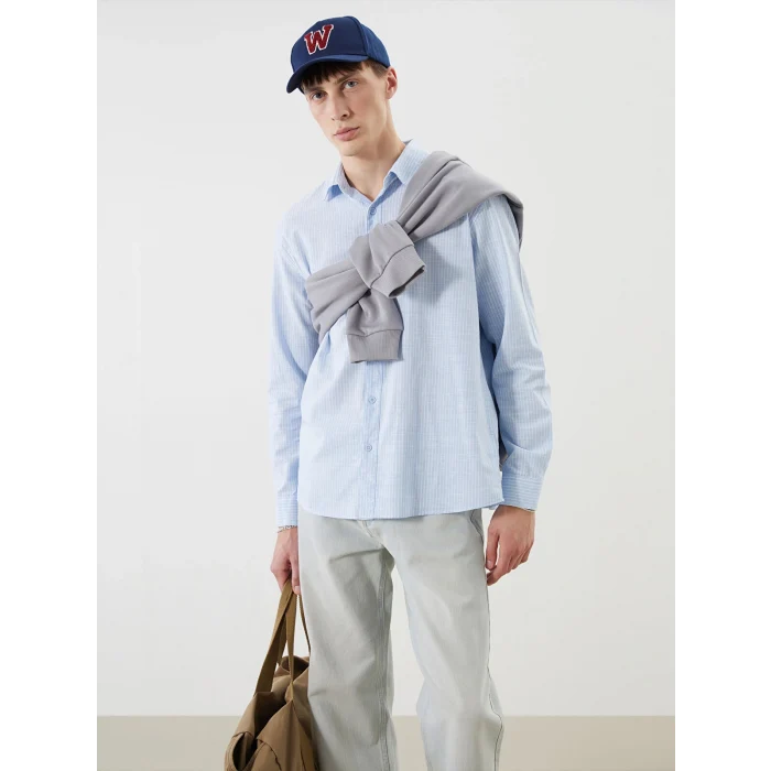 XSIDE Mavi Regular Fit Uzun Kollu Keten Karışımlı Erkek Gömlek