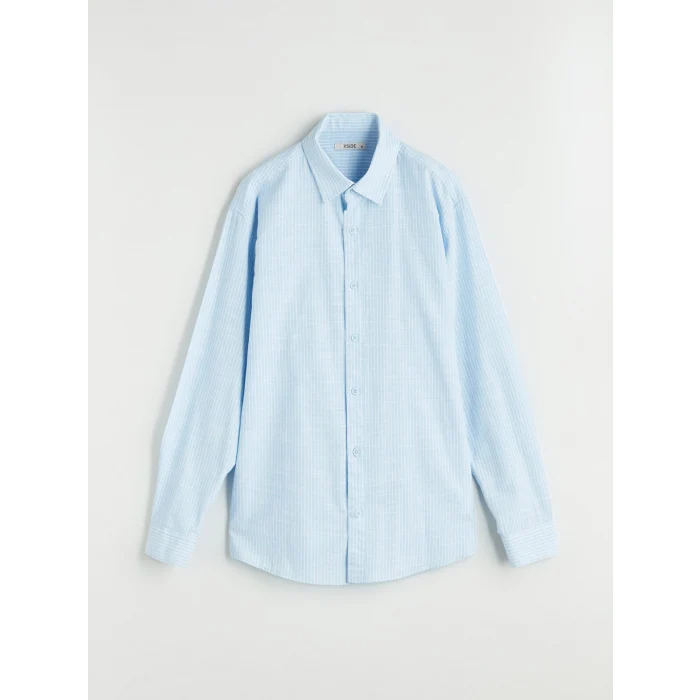 XSIDE Mavi Regular Fit Uzun Kollu Keten Karışımlı Erkek Gömlek