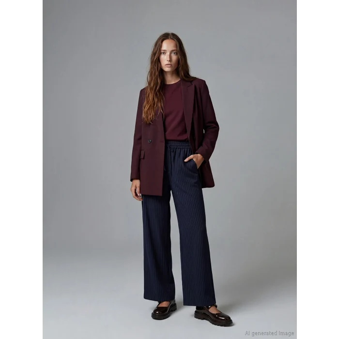 XSIDE Lacivert Beli Lastikli Çizgili Geniş Paça Kadın Pantolon