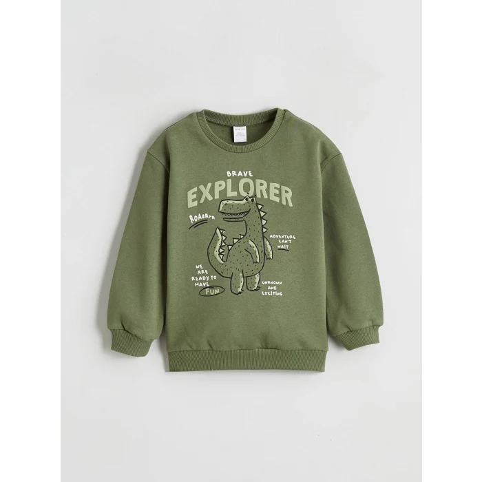 LCW baby Haki Dinozor Baskılı Erkek Bebek Sweatshirt