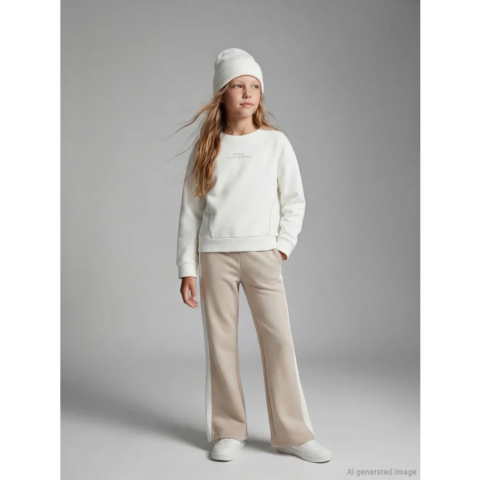 LCW Kids Ekru Bisiklet Yaka Kız Çocuk Soft Touch Sweatshirt ve Eşofman Altı