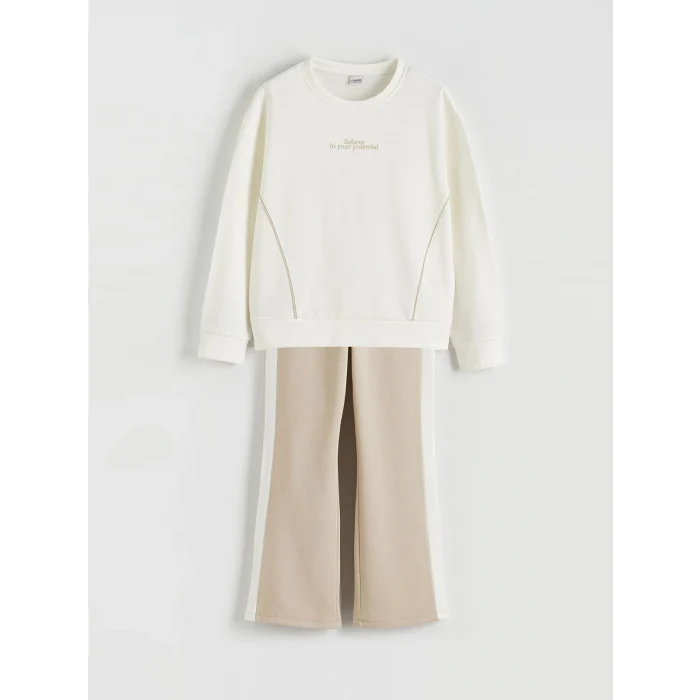 LCW Kids Ekru Bisiklet Yaka Kız Çocuk Soft Touch Sweatshirt ve Eşofman Altı