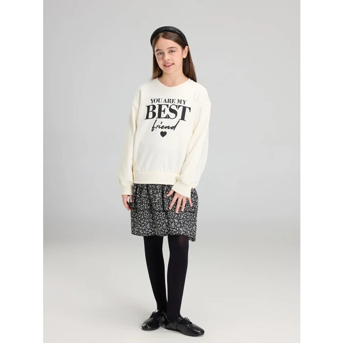 LCW Kids Ekru Bisiklet Yaka Baskılı Kız Çocuk Elbise