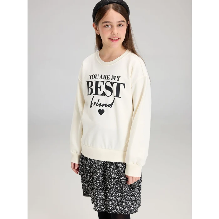 LCW Kids Ekru Bisiklet Yaka Baskılı Kız Çocuk Elbise