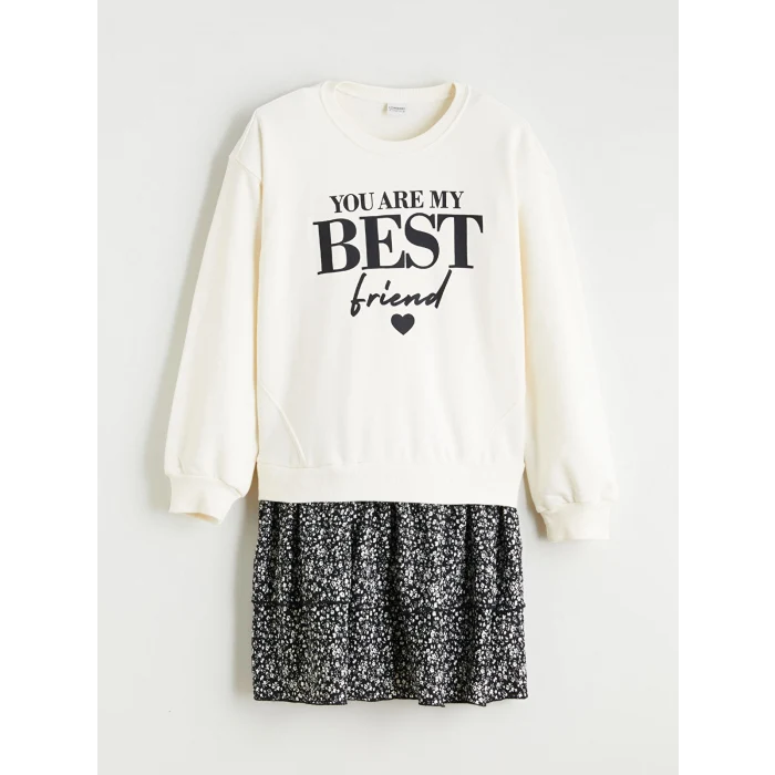 LCW Kids Ekru Bisiklet Yaka Baskılı Kız Çocuk Elbise