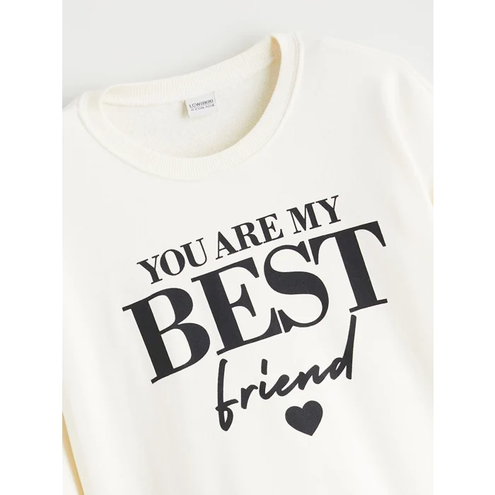 LCW Kids Ekru Bisiklet Yaka Baskılı Kız Çocuk Elbise