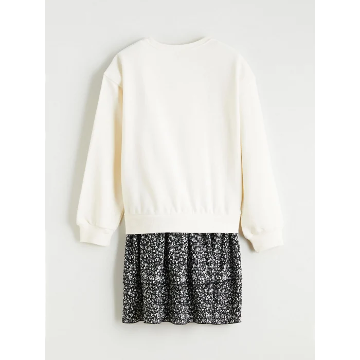 LCW Kids Ekru Bisiklet Yaka Baskılı Kız Çocuk Elbise