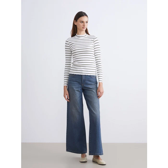 LCW Modest Yeşil Dik Yaka Çizgili Kadın Body