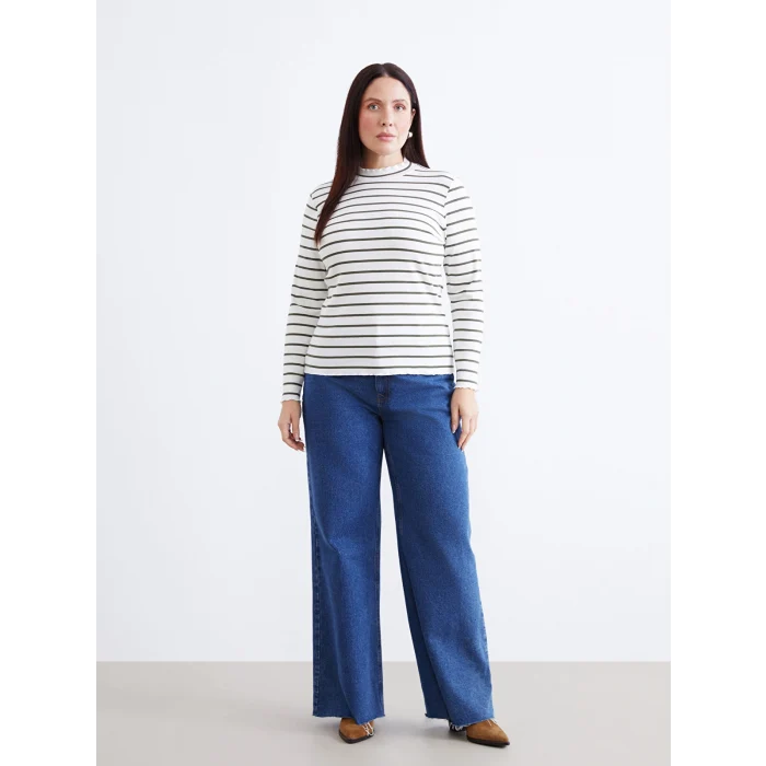 LCW Modest Yeşil Dik Yaka Çizgili Kadın Body