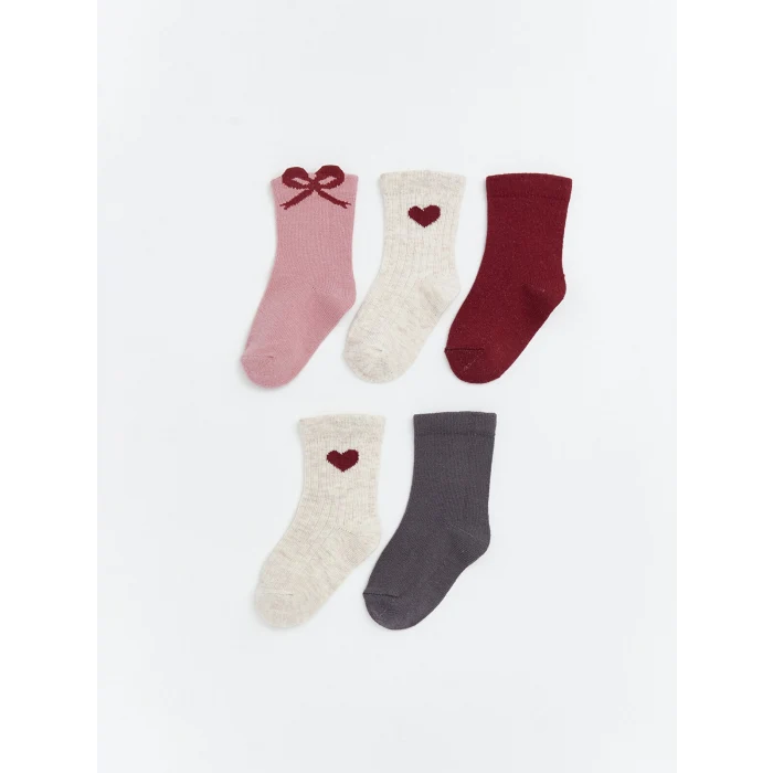 LCW baby Pembe Kalp Desenli Kız Bebek Soket Çorap 5li