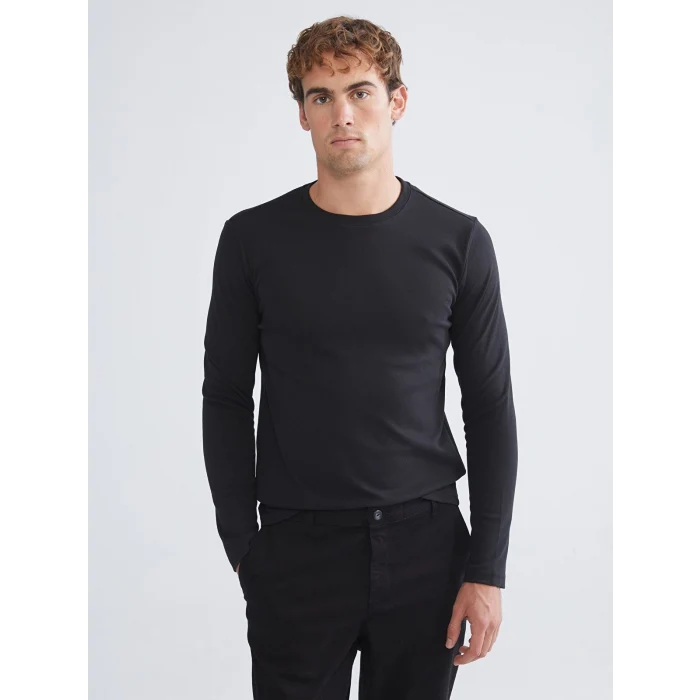 LCWAIKIKI Basic Siyah Bisiklet Yaka Uzun Kollu Erkek Tişört
