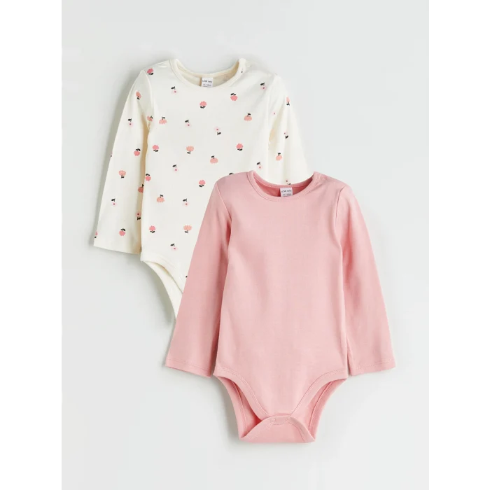 LCW baby Ekru Baskılı Kız Uzun Kollu Bebek Çıtçıtlı Body 2li