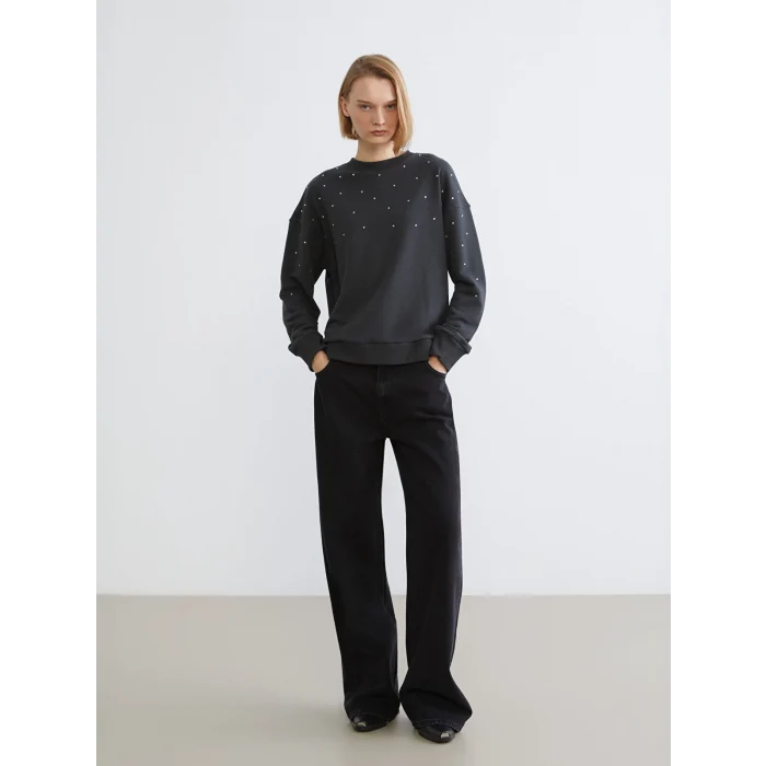 LCW Vision Antrasit Bisiklet Yaka Taşlı Oversize Kadın Sweatshirt