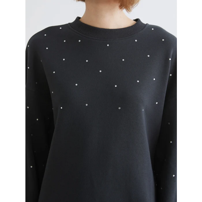 LCW Vision Antrasit Bisiklet Yaka Taşlı Oversize Kadın Sweatshirt