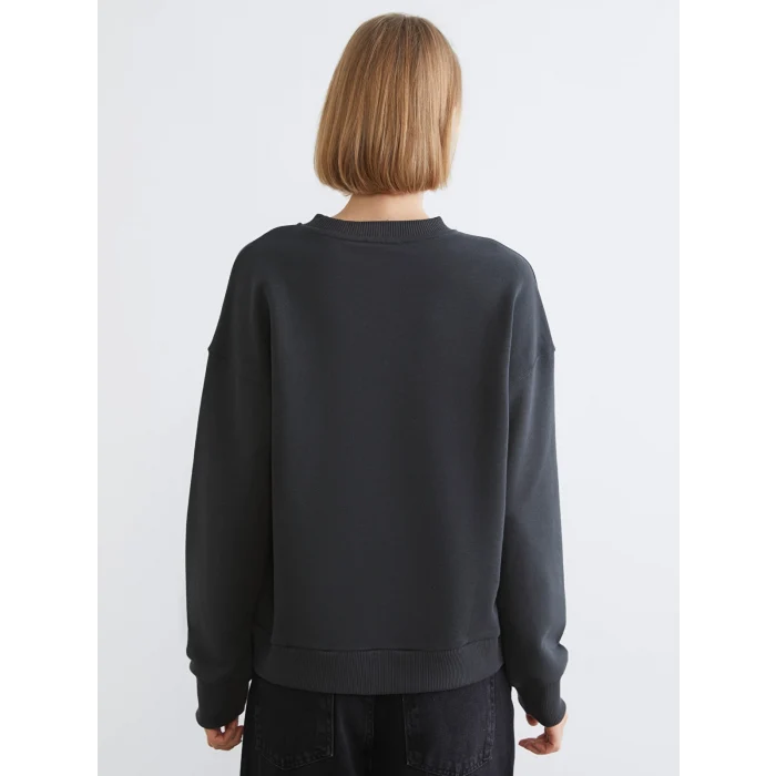 LCW Vision Antrasit Bisiklet Yaka Taşlı Oversize Kadın Sweatshirt